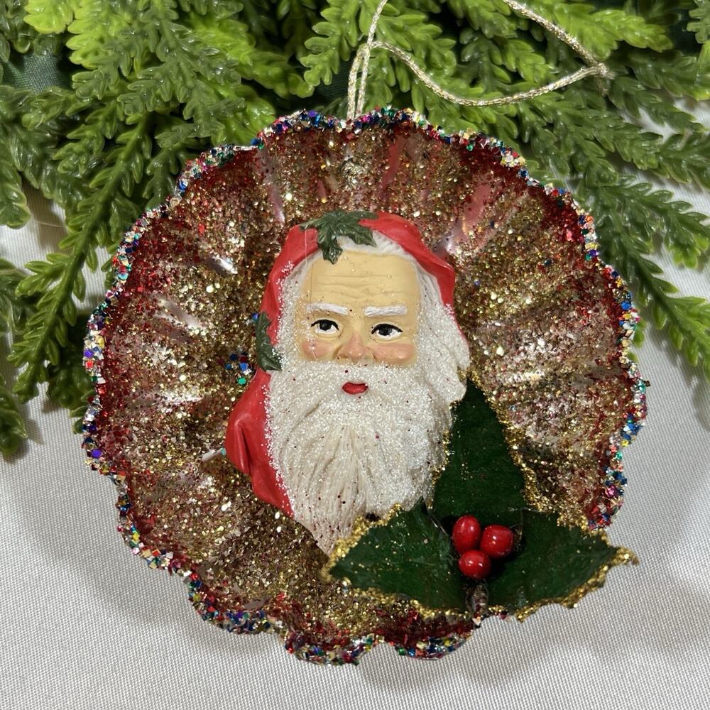 Vintage Round Tart Tin Old World Santa Diorama Mid Century Glitter Ornament